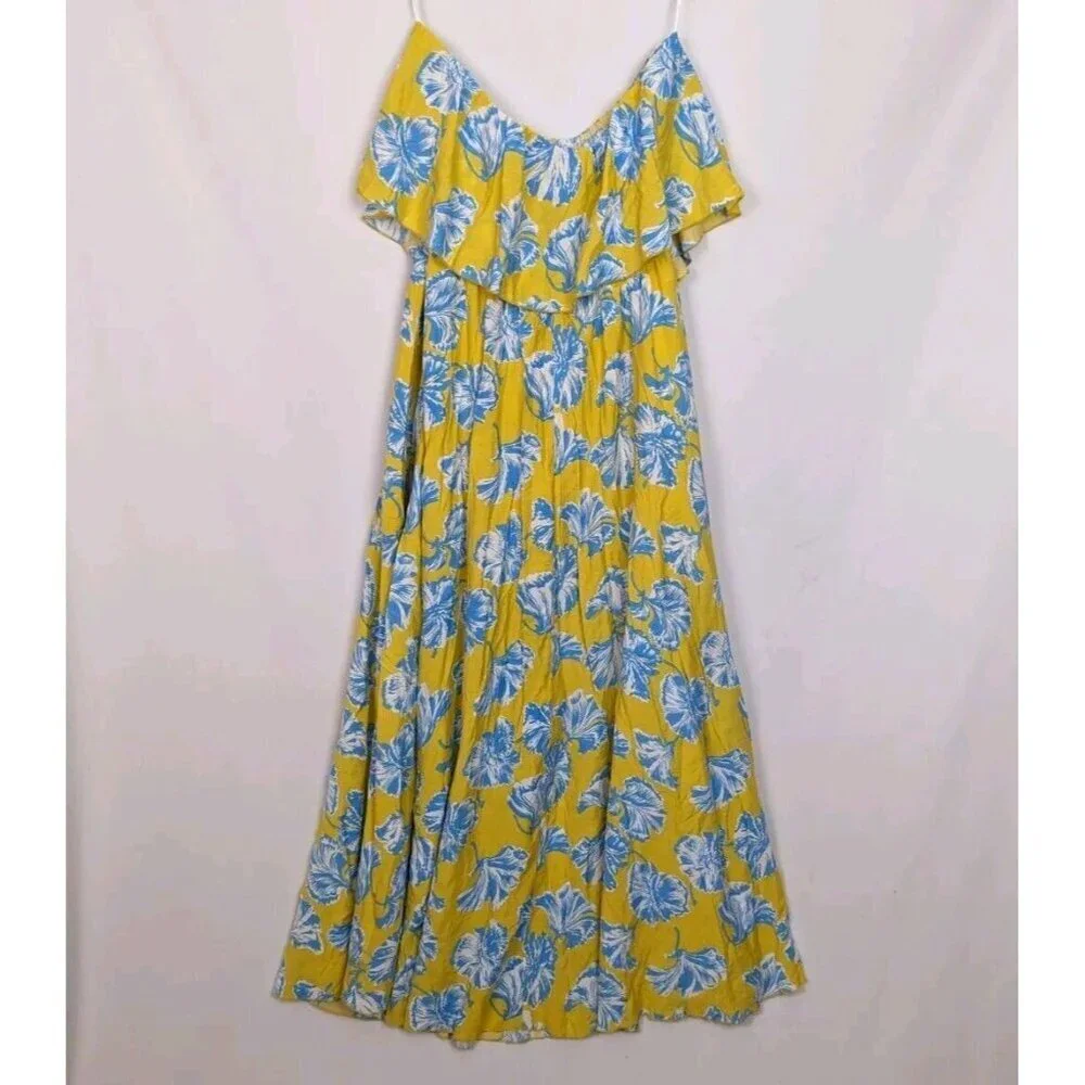 Lulus L Love Boldly Yellow Floral Print Strapless Maxi Dress High Slit Tropical - Picture 9 of 15
